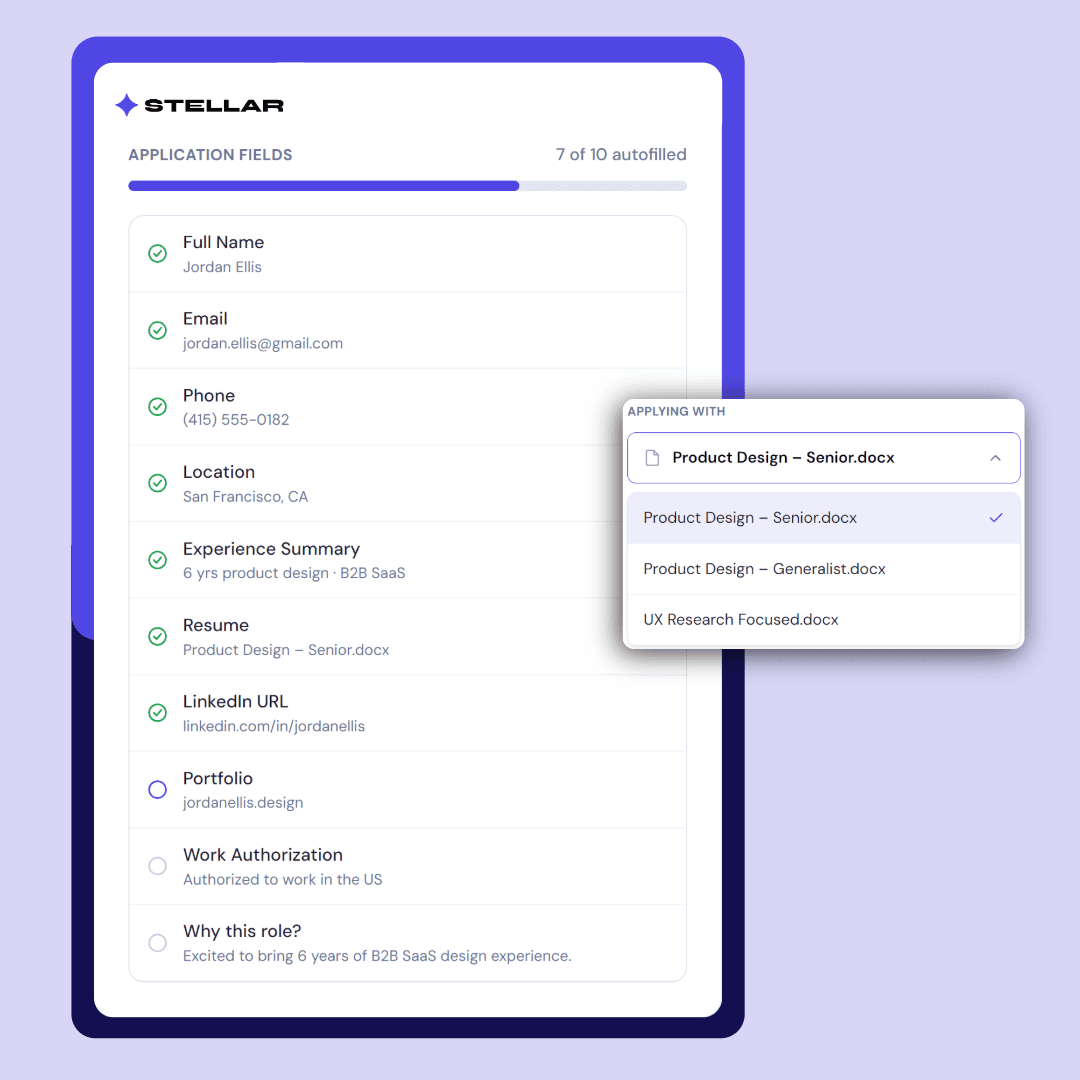 Stellar Autofill panel showing an application form with 7 of 10 fields automatically filled