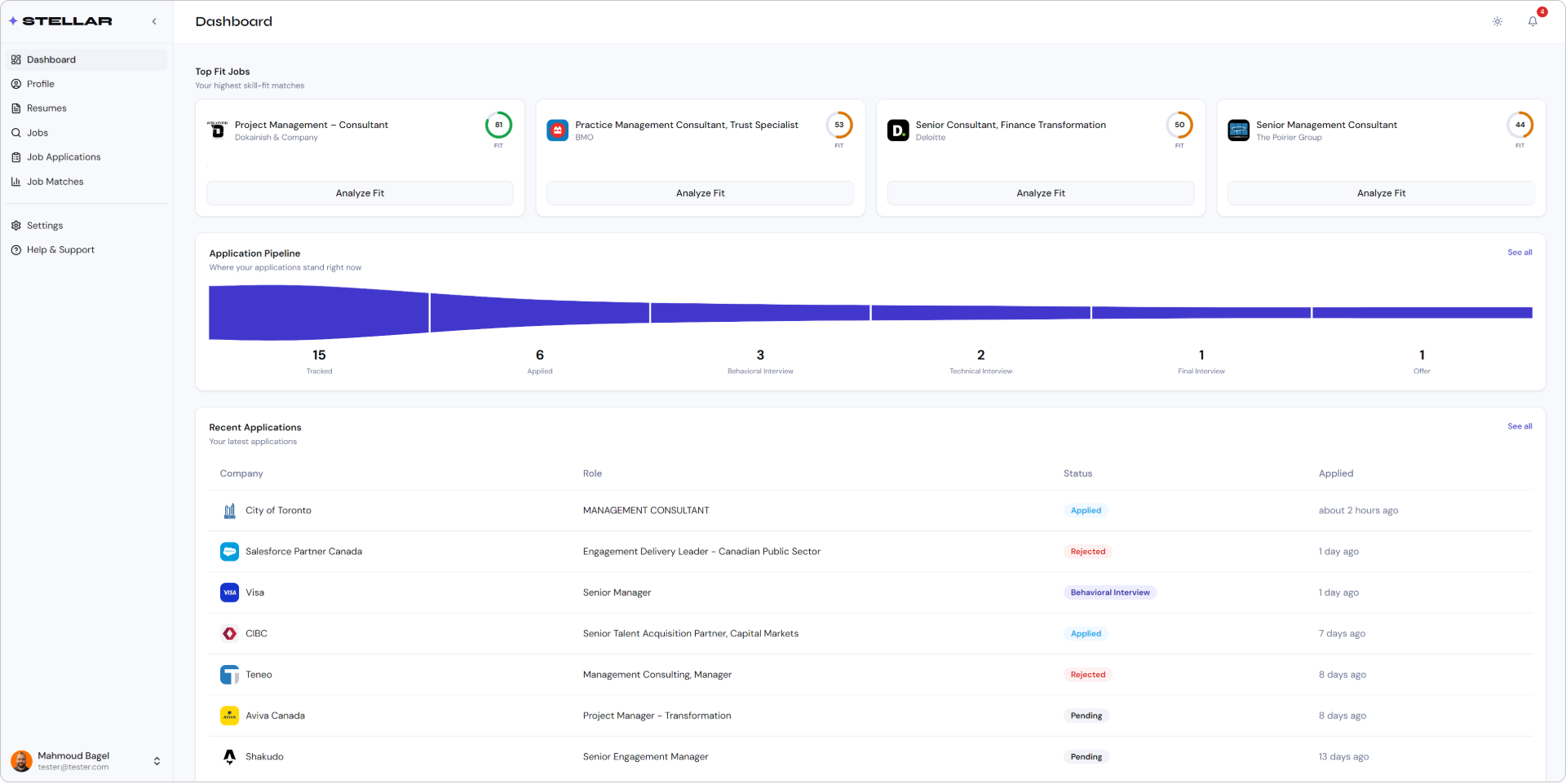 Stellar dashboard showing top fit jobs, application pipeline, and recent applications